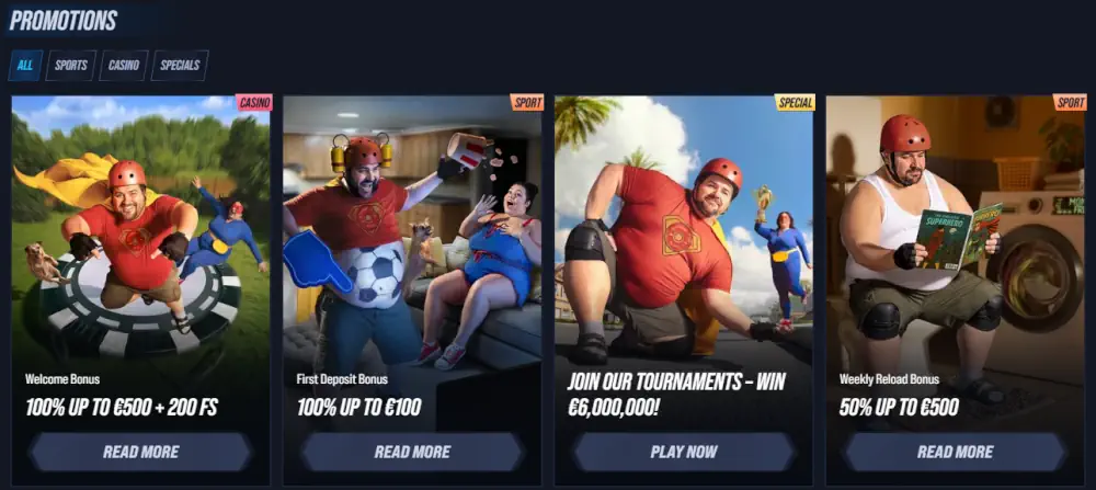 Página de promociones de Vegas Hero con bonos de bienvenida y torneos de tragamonedas